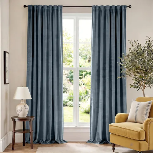 Vista 123 de Lazzzy Cortinas opacas de terciopelo beige de 84 pulgadas de largo con aislamiento térmico para oscurecer la habitación, cortinas forradas de lujo
