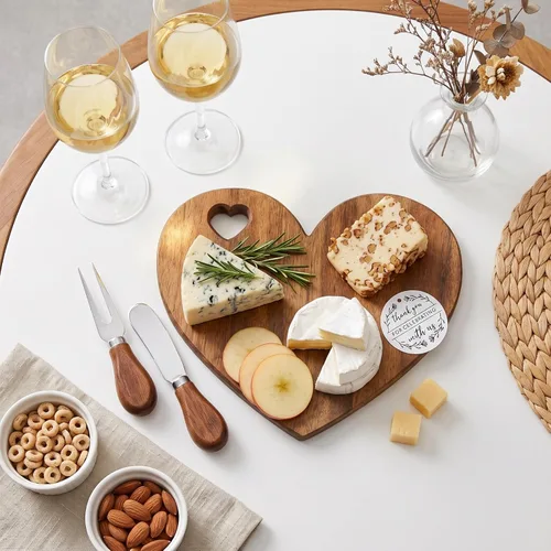 Vista 3 de Patelai 1 Juego de Tabla de Queso en Forma de Corazón para Despedida de Soltera y Baby Shower con Cuchillo, Tabla Mini de Madera para Charcutería