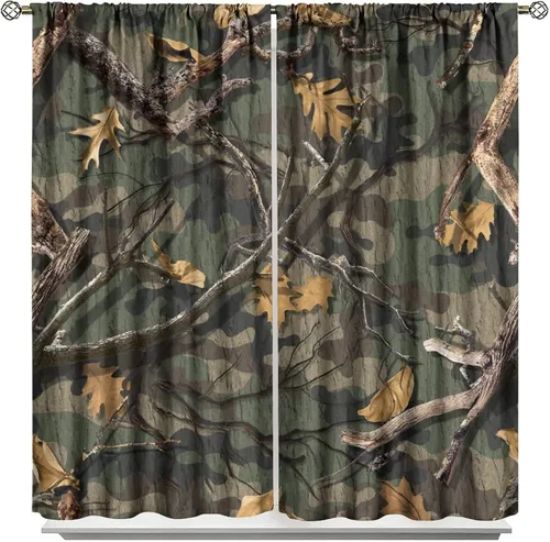Vista 65 de Cortinas opacas de camuflaje de bosque, animales salvajes, osos, ciervos, alces, con bolsillo para barra, para sala de estar, dormitorio, decoración