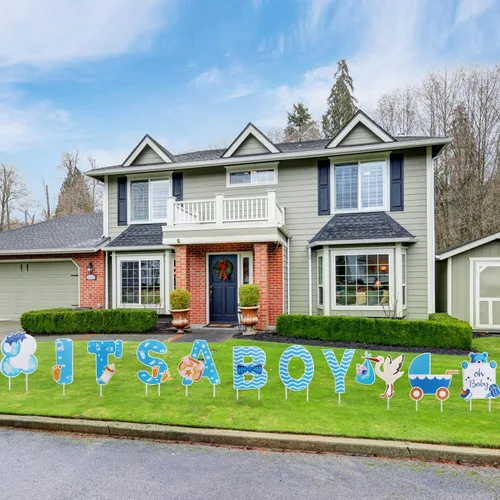 Vista 6 de 11 letreros grandes con estacas con diseño de texto en inglés "It's A Boy", color azul, decoración de revelación de género para baby shower, letrero