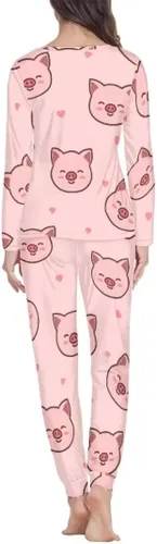 Vista 3 de Pijamas de cerdo rosa para mujer, conjunto de ropa de dormir de manga larga con cuello redondo y pantalones largos