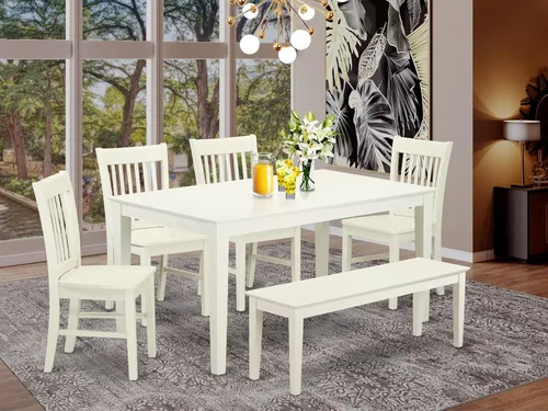Vista 2 de East West Furniture CANO6-LWH-W - Juego de mesa de comedor moderno de 6 piezas que contiene una mesa rectangular de madera y 4 sillas de comedor