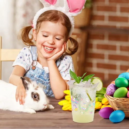 Vista 7 de 100 vasos de plástico con diseño de conejo de Pascua, vasos desechables transparentes de 12 onzas para Pascua, primavera, fiestas de cumpleaños