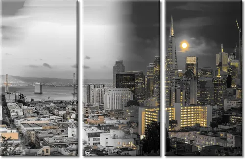 Vista 63 de TUMOVO 3 paneles de paisaje urbano en blanco y negro de Estados Unidos, arte de pared, famoso puente Golden Gate, San Francisco por la noche