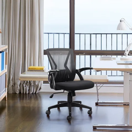 Vista 7 de TTD Silla de oficina ergonómica cómoda giratoria para el hogar, silla de escritorio moderna de malla negra con brazos abatibles, silla