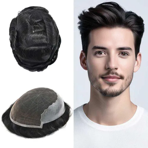 Vista 93 de Mens Toupee Natural Hairline Swiss Lace Toupee Remy Human Hair Piece For Men Bleached Knots Mens Hair Replacement System Toupee 6X8#1 Jet Black 100%