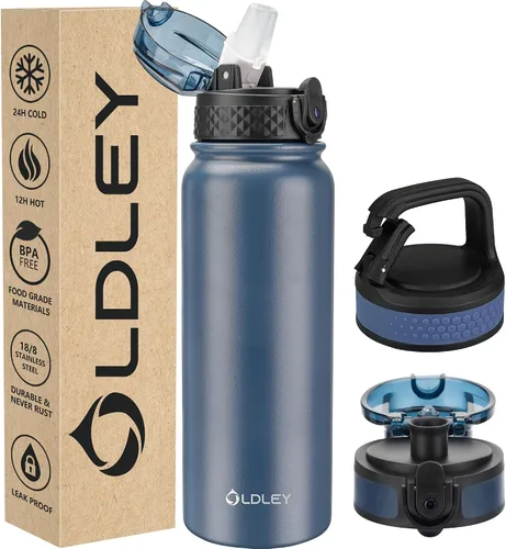 Vista 26 de Botella de agua aislada Oldley de 12 oz con pajita, botella de agua de acero inoxidable con 2 tapas, botellas de doble pared con vacío para adultos