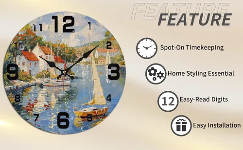 Vista 6 de Coastal Harbor Painting Wooden Wall Clock with Nautical Scene 25x25cm
