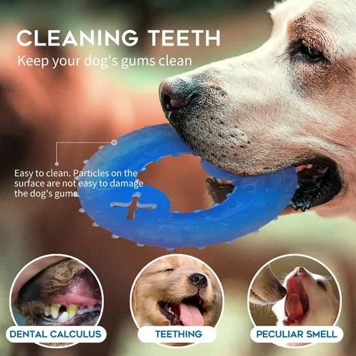 Vista 4 de Juguete de dentición congelable para cachorros, 1 anillo de dentición + 1 hueso de dentición congelable para perros juguetes masticables (azul)