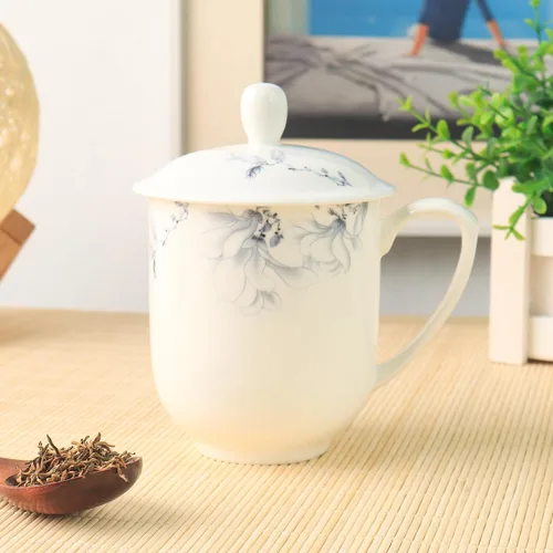 Vista 3 de Jingdezhen - Taza de té de porcelana fina con tapa de 12 onzas, taza de porcelana blanca para oficina y hogar (azul y blanco)