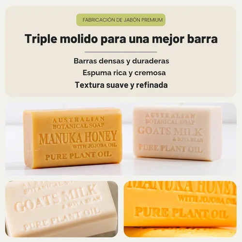 Vista 4 de Jabón de leche de cabra y miel de Manuka de Australian Botanical Soap de 6.6 OZ, barras triple molidas hechas con una base de jabón natural