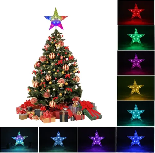 Vista 5 de Luces USB de Estrella para la Copa del Árbol de Navidad, Befoxfo, 9.5 pulgadas 10 LED multicolor con control remoto versátil alimentado por USB, luz
