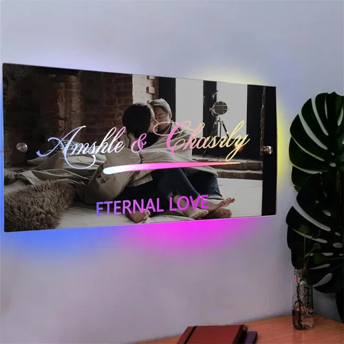 Vista 23 de Espejo de barra de nombre LED personalizado, letreros de neón iluminados para decoración de pared para bar en casa, día de San Valentín y regalos