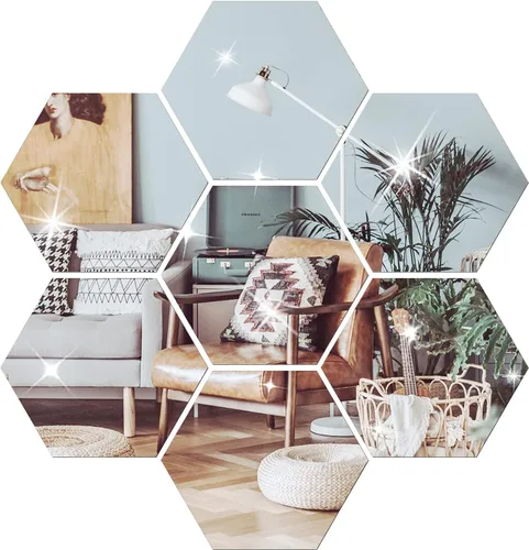Vista 9 de Juego de calcomanías de pared para bricolaje, espejo hexagonal, decoración de sala de estar, dormitorio (dorado)