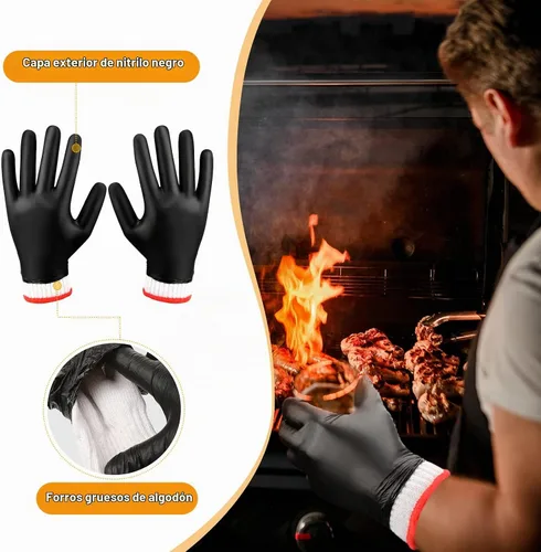 Vista 2 de Janmercy 200 piezas Guantes desechables de barbacoa de nitrilo con 4 pares de forro de algodón Guantes para parrilla, cocina, limpieza para ahumador