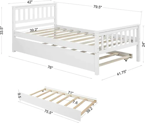 Vista 2 de Base de cama individual con nido, marco de cama de plataforma con cabecero y estribo, cama de madera maciza individual para dormitorio, espacio