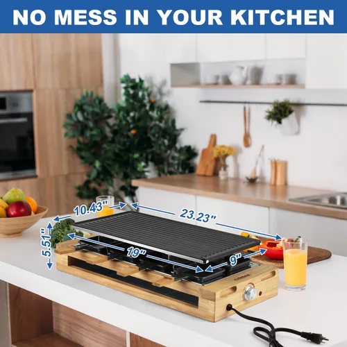 Vista 7 de CUSIMAX - Parrilla de mesa de raclette para interiores, parrilla eléctrica de 1500 W con placa antiadherente reversible 2 en 1/base de madera