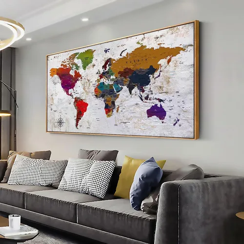 Vista 10 de ZEYDRT Arte de pared del mapa del mundo, pintura en lienzo para oficina, sala de estar, mapa del mundo, arte en lienzo, decoración de pared