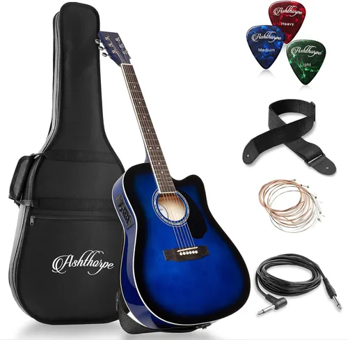 Vista 14 de Ashthorpe - Paquete de guitarra electroacústica estándar con diseño delgado con corte - de madera Tonewood de primera calidad Negro