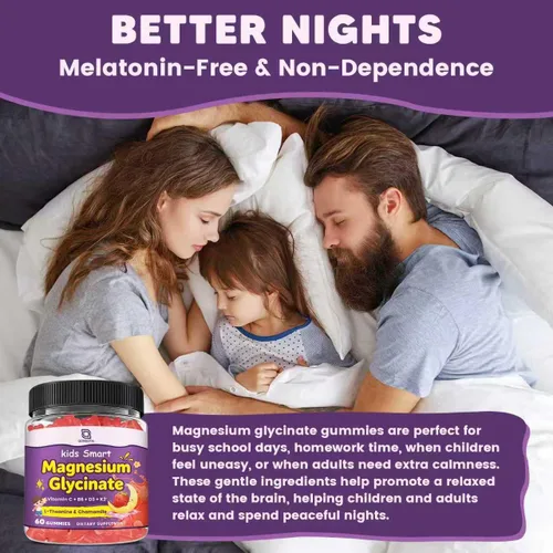 Vista 5 de Gomitas de glicinato de magnesio para niños y adultos, suplemento de magnesio de 400/200 mg con L-teanina, manzanilla, D3 y K2, gomitas para dormir