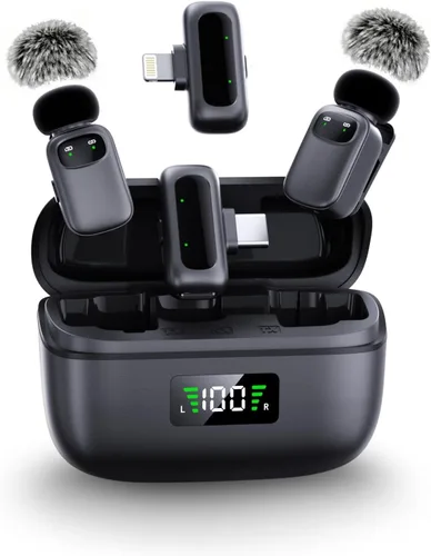 Vista 9 de T1 mini micrófono inalámbrico Lavalier para iPhone/Android/iPad, reducción de ruido de 3 niveles, duración de la batería de 30 horas, cambiador