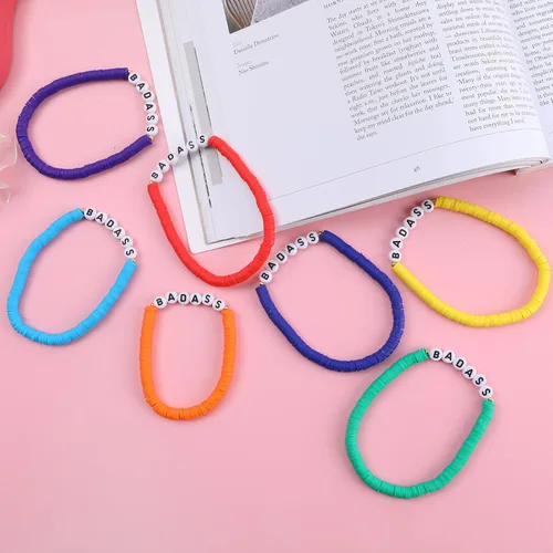 Vista 5 de Juego de pulseras heishi arcoíris estilo surfista para mujer, juego de pulseras apilables de cuentas de arcilla, pulseras elásticas con disco