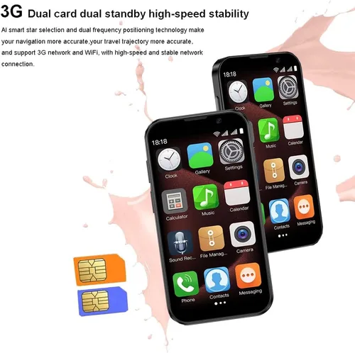 Vista 2 de Mini teléfono inteligente 3G desbloqueado, 3.0 pulgadas HD Android Dual Sim Quad Core Face ID Mini Premium Niño Pequeño Teléfono celular de bolsillo