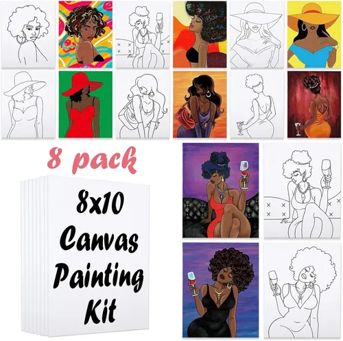 Vista 9 de Paquete de 8 lienzos predibujados para pintar para adultos, suministros para fiestas de pintar y beber, juego de pintura en lienzo para artistas