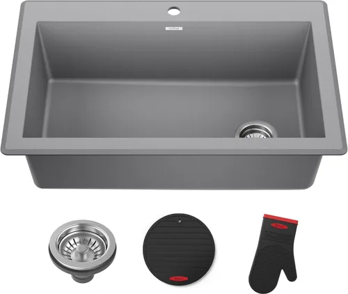 Vista 24 de Kraus Forteza - Fregadero de cocina de doble seno 50/50 de granito de instalación empotrada/sobre encimera, 33 pulgadas, color negro (KGD-52BLACK)