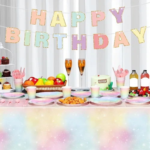 Vista 5 de Teling 172 piezas de decoraciones de cumpleaños de arcoíris, platos de arcoíris pastel, platos de cumpleaños y servilletas para 24, mantel de papel