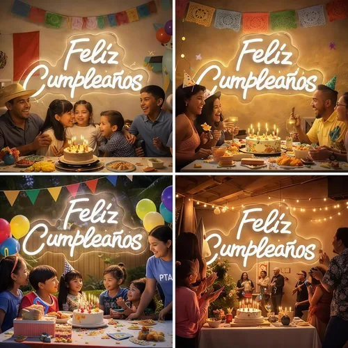Vista 3 de Letrero de neón personalizado con texto en inglés «Feliz Cumpleaños», luz LED de pared para cumpleaños, decoración de fiestas, patio trasero