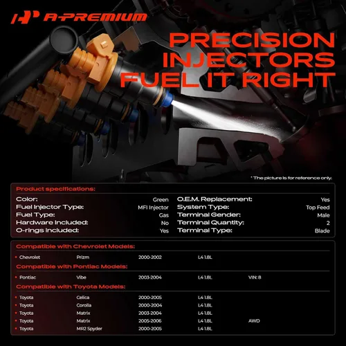 Vista 2 de A-Premium Inyectores de combustible compatibles con Toyota Corolla 2000-2004, Matrix 2003-2006, Celica, MR2 Spyder y Chevrolet Prizm & Pontiac Vibe
