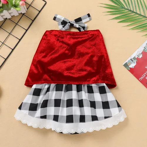 Vista 4 de Vestido de fiesta de Navidad para mujeres y niños y niñas, vestido de tutú a cuadros rojos con capa con capucha, capa y disfraz familiar a juego