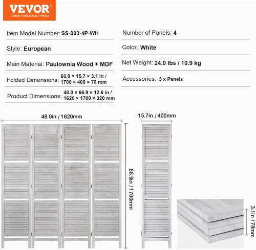 Vista 7 de VEVOR Divisor de habitación de madera, pantalla de privacidad plegable de madera de 4 paneles, 66.9 pulgadas de alto, divisor de partición