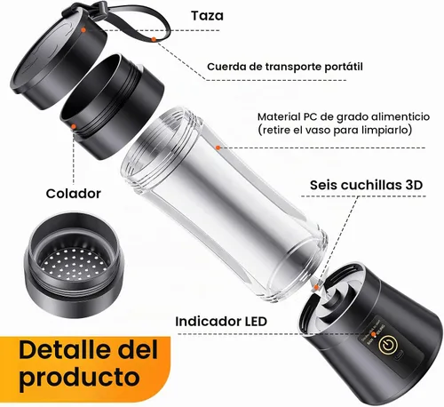Vista 8 de Licuadora portátil de tamaño personal para hacer batidos - Mini vaso de Negro