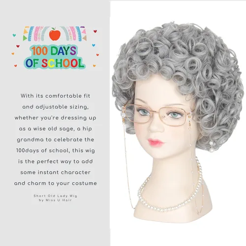 Vista 3 de M MISS U HAIR Disfraz de anciana para niños y niñas, para 100 días de escuela y abuela, peluca corta y rizada gris para Halloween