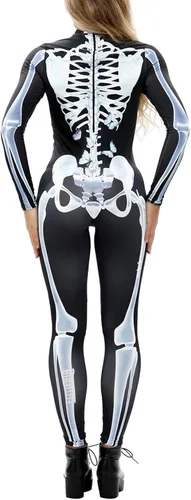Vista 3 de Fixmatti Disfraz de fiesta de Halloween para mujer traje de manga larga con estampado de calavera