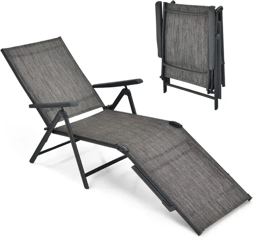 Vista 11 de Giantex Sillón de patio plegable, tumbona para tomar el sol al aire libre con respaldo de 5 posiciones, reposapiés de 2 posiciones, marco de acero