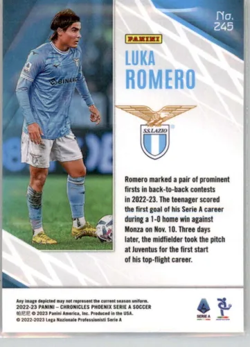 Vista 2 de Panini Chronicles Phoenix Serie A #245 Luka Romero SS Lazio RC Rookie Card - Tarjeta oficial de fútbol 2022-23 en estado crudo (NM o mejor)