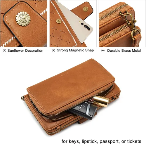 Vista 5 de S-ZONE Cartera cruzada para teléfono celular, cartera de pulsera para mujer, con bloqueo RFID, con 2 correas