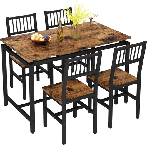 Vista 2 de AWQM Juego de mesa de comedor de 47.2 pulgadas para 4, mesa industrial con 4 sillas curvas, juego de mesa de cocina rectangular de 5 piezas