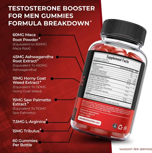 Vista 6 de Atlantis Nutrition Gomitas potenciadoras de testosterona para hombres, mejora la fuerza y la resistencia, optimiza el rendimiento y la mejora