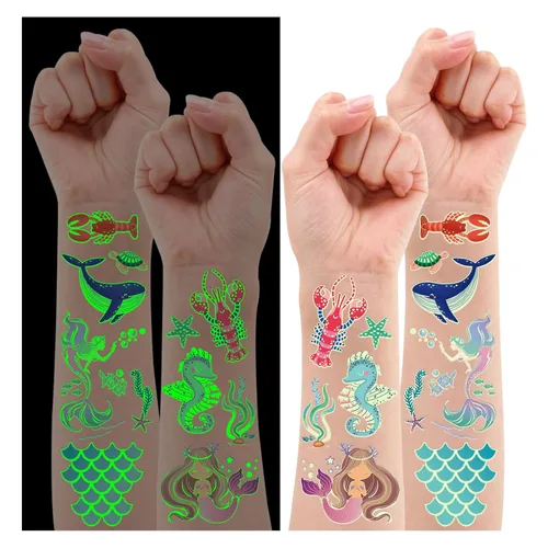 Vista 8 de Partywind 380 estilos (30 hojas) tatuajes luminosos para niños, estilos mixtos, calcomanías temporales con sirena/dinosaurio/espacio exterior/pirata