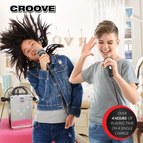 Vista 2 de Croove Máquina de karaoke recargable para niños, incluye 2 micrófonos con luces de disco intermitentes, Bluetooth, puertos AUX y USB, máquina