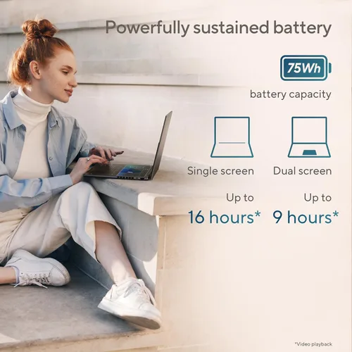 Vista 7 de Laptop ASUS ZenBook DUO, Pantalla táctil OLED 3K 120Hz dual de 14”, Evo, Intel Core Ultra 9 285H, Gráficos Intel Arc, 32 GB de RAM, SSD de 1 TB
