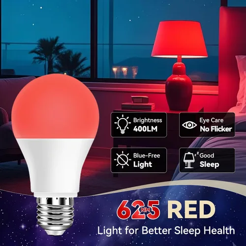Vista 3 de Neporal Bombillas de Luz Roja de 625nm 3W para Dormir, Bombillas de Bloqueo 100% de Luz Azul para Promover la Melatonina, Bombilla LED A19