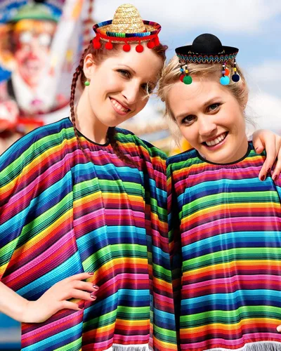 Vista 7 de Juego de 12 piezas de poncho y sombrero mexicanos del Cinco de Mayo para adultos, poncho de serape para fiesta mexicana con sombrero de paja