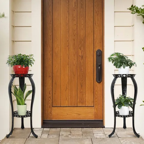 Vista 3 de Ufine Soporte de metal de 2 niveles para plantas para interiores y exteriores, soporte para macetas de hierro alto para porche de esquina, paquete