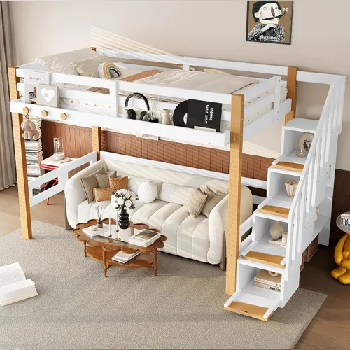Vista 14 de Cama tipo loft de madera tamaño individual con escaleras, gancho para ropa Beige Natural