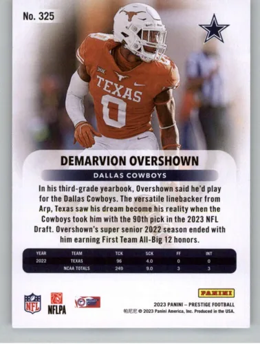 Vista 2 de Panini Prestige #325 Demarvion Overshown RC Rookie Card Dallas Cowboys - Tarjeta oficial de fútbol de la NFL en estado crudo (NM o mejor)